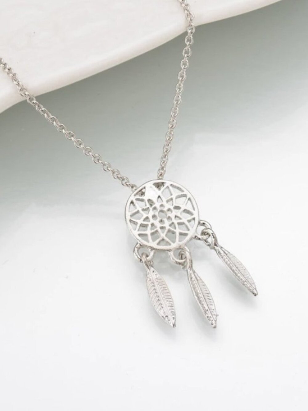 Dream Catcher Feather Round Drop Boho Chic Silver Necklace